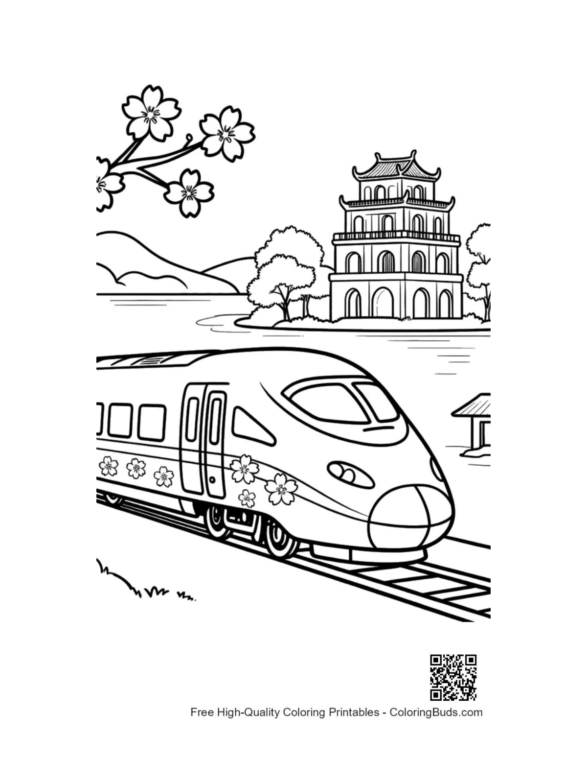 Bullet train through historic Asian village printable