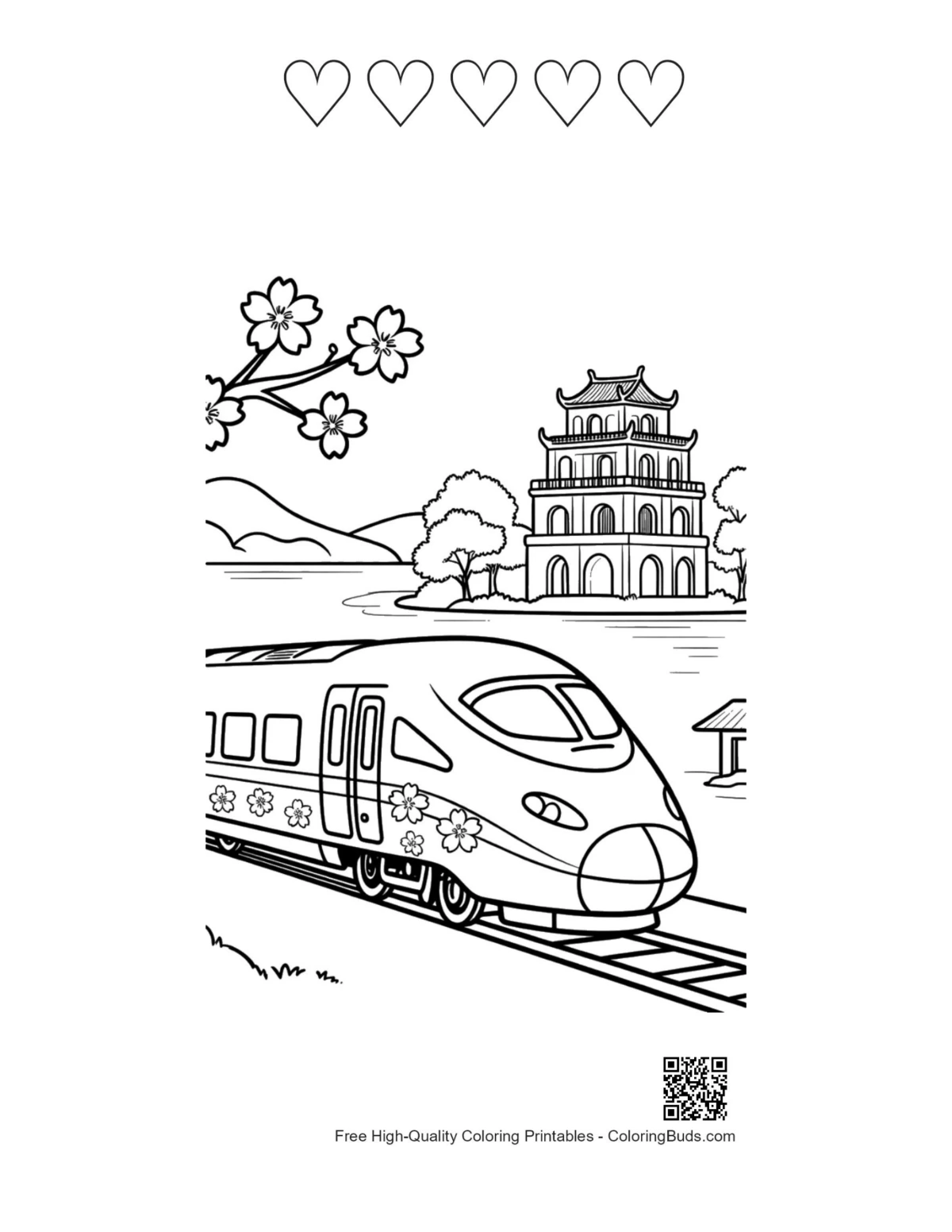 Bullet train village printable with 5 hearts