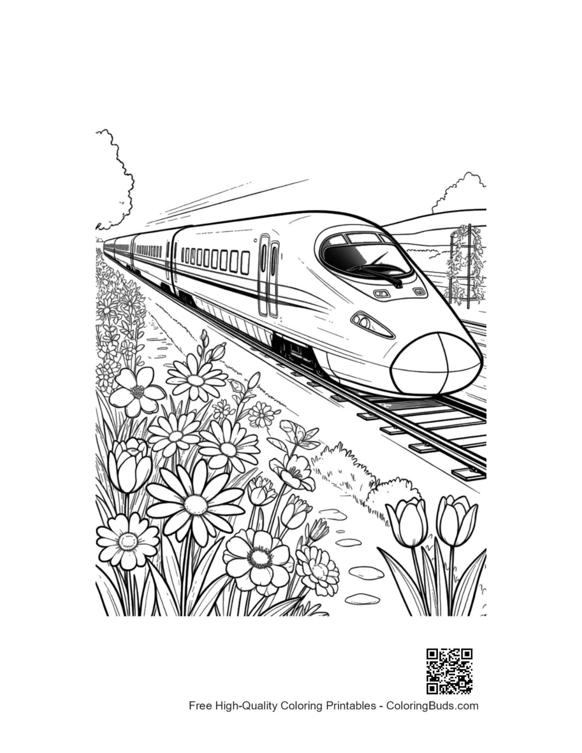 Modern bullet train on wildflower hillside coloring page