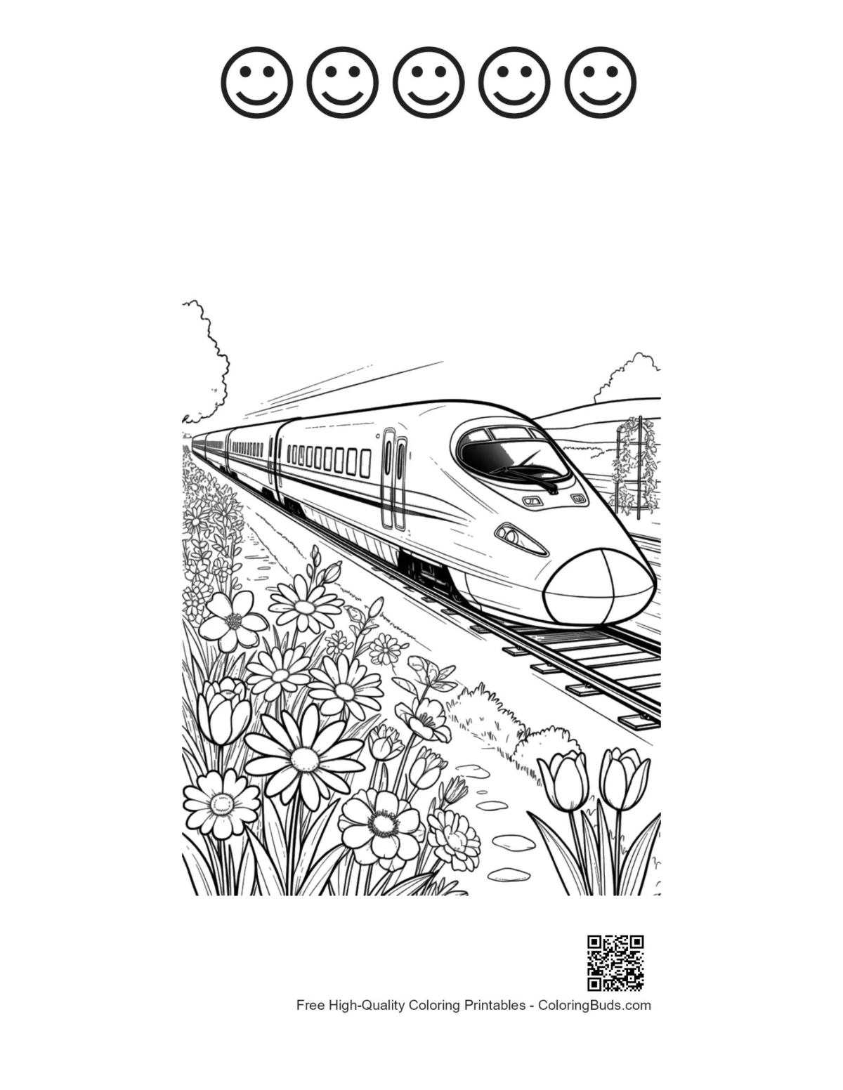 Bullet train 5 happy faces outline printable page