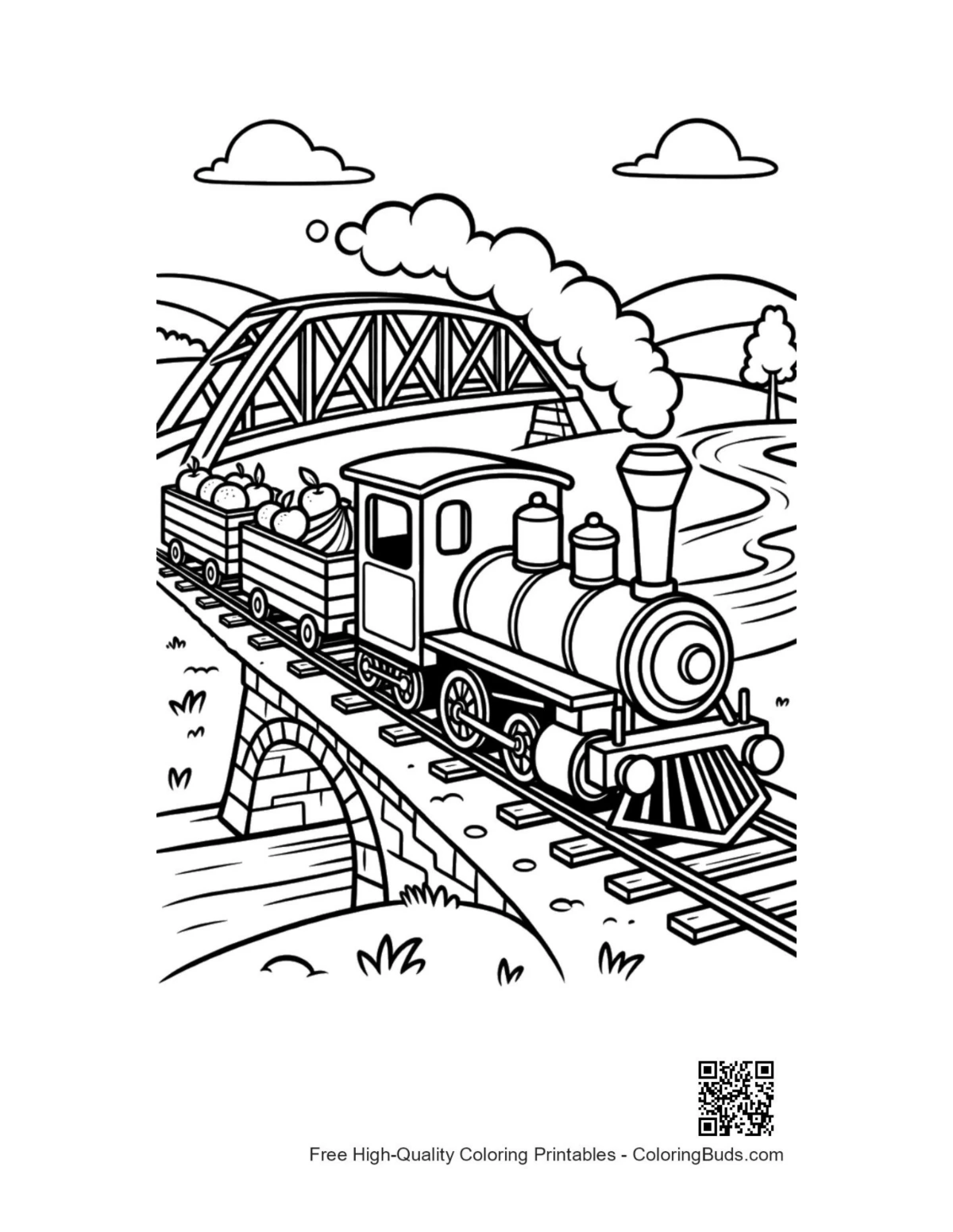 Powerful steam locomotive crossing steel bridge coloring page