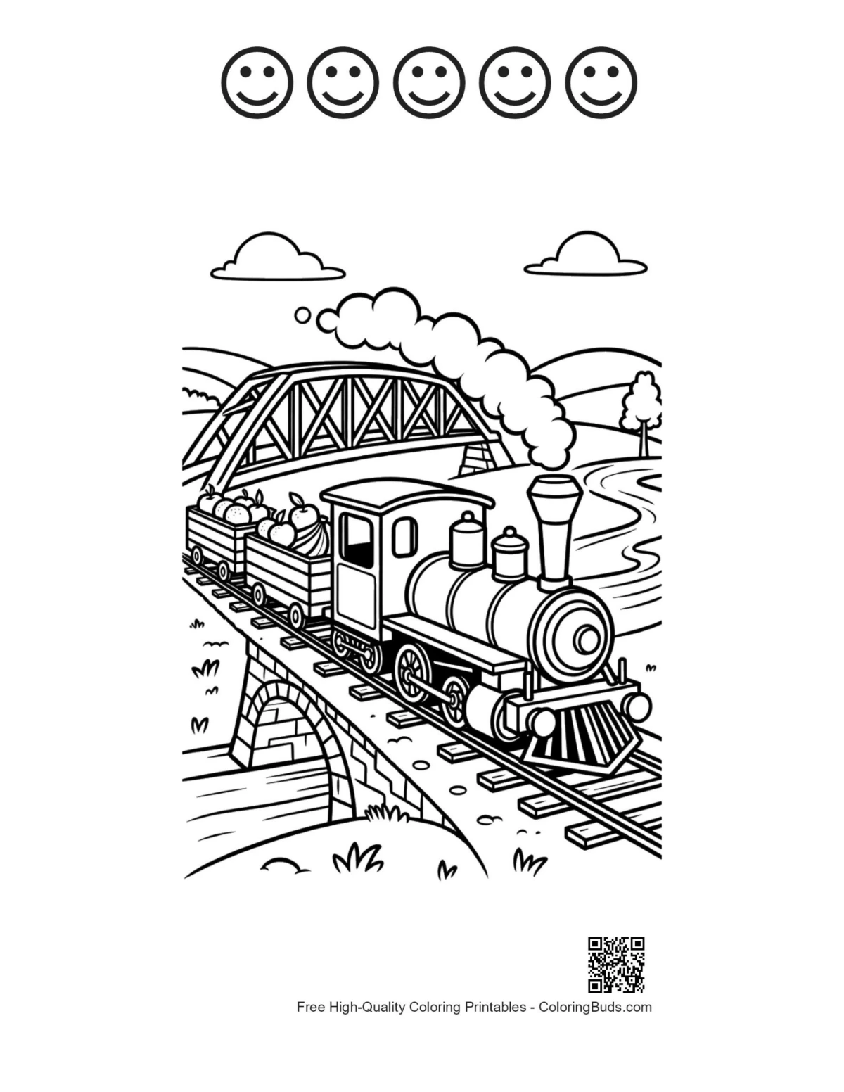 Train bridge coloring with 5 happy faces outline