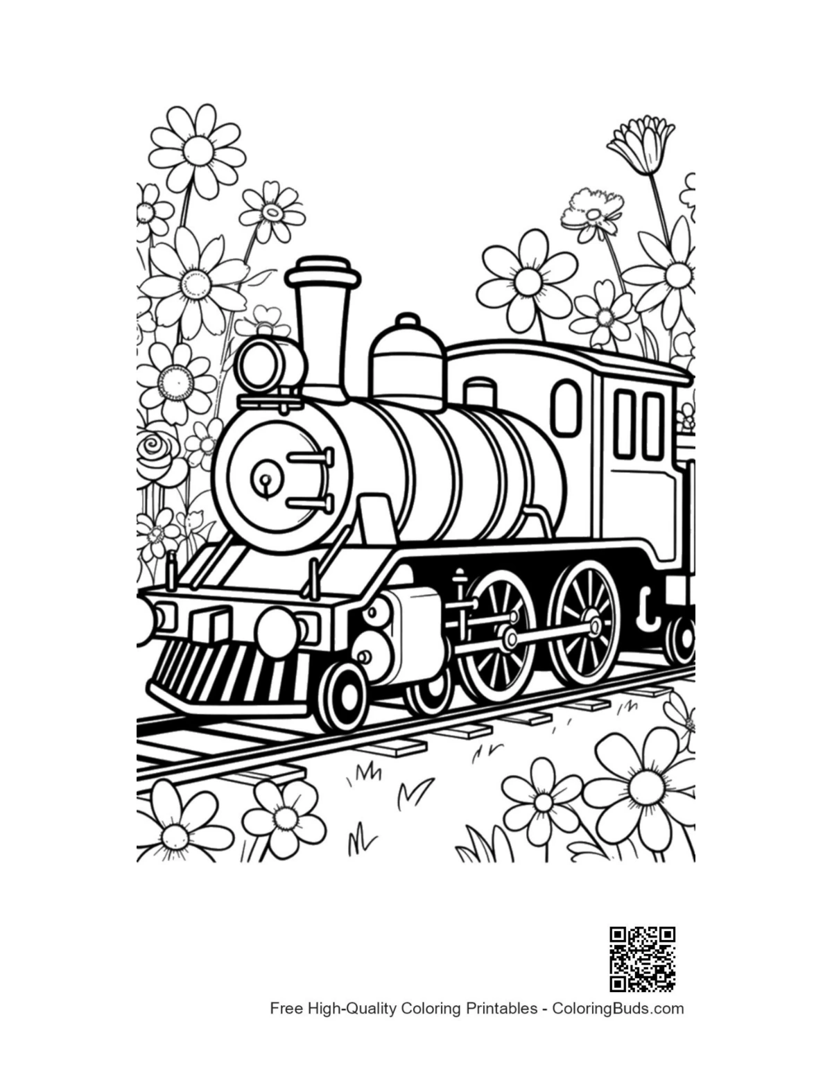 Powerful steam locomotive puffing smoke in garden coloring page