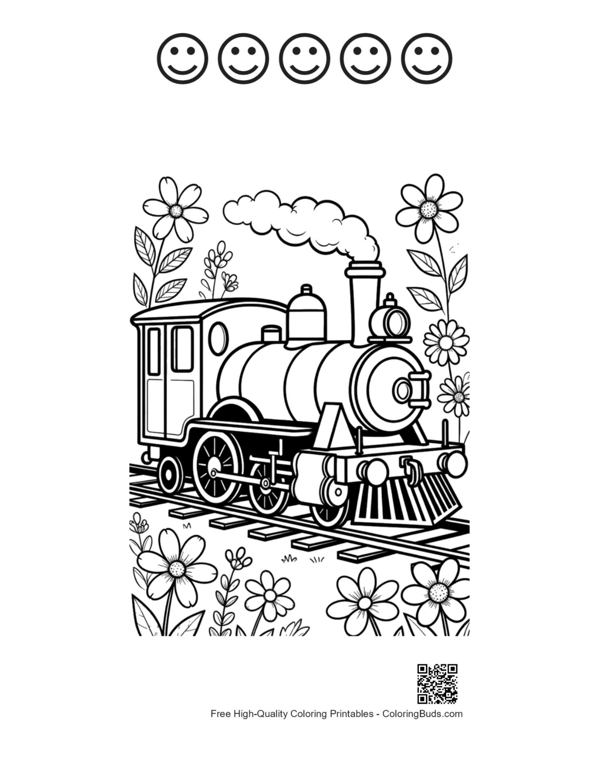 Retro steam train flowers printable 5 happy faces outline
