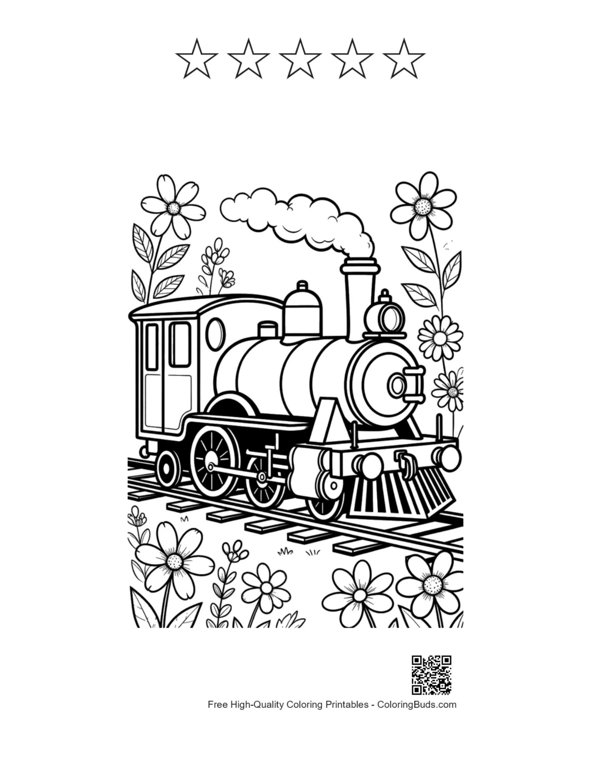 Retro steam loco flowers printable with 5 stars outline