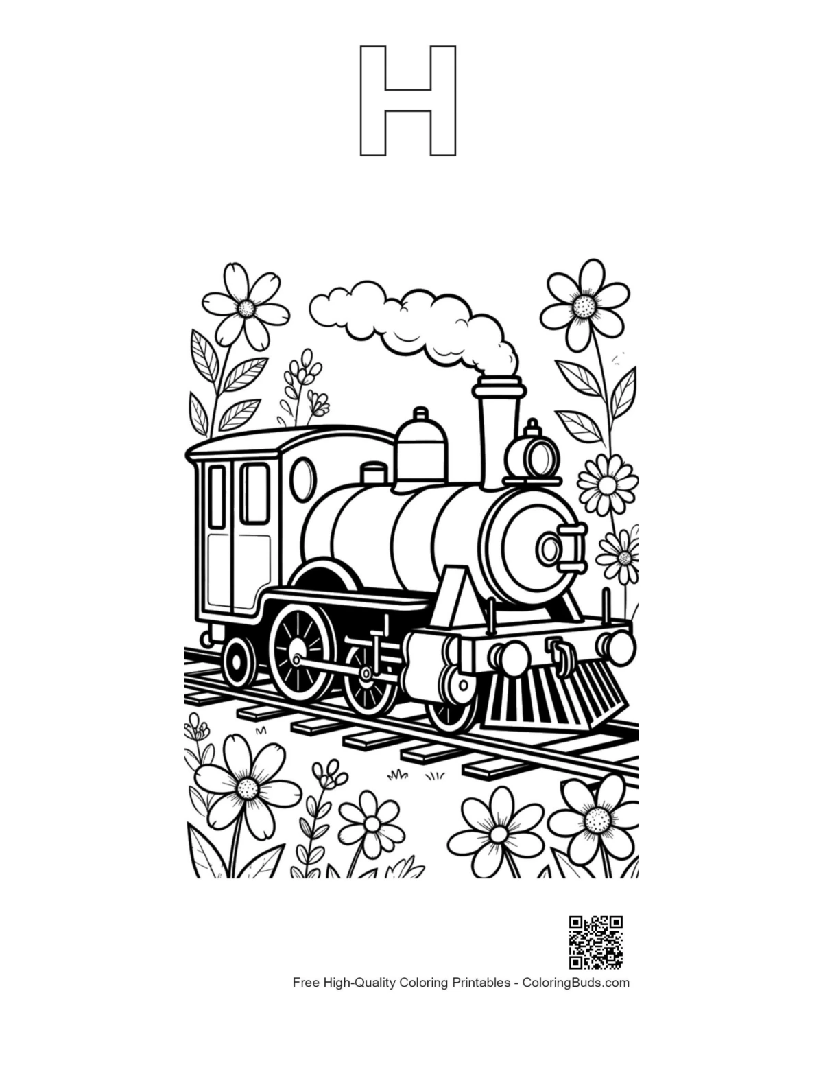 Retro steam locomotive flowers printable alphabet H outline