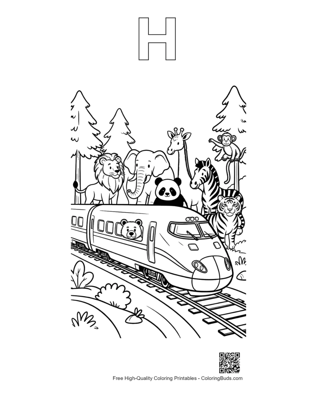 Outline alphabet H safari bullet train coloring page
