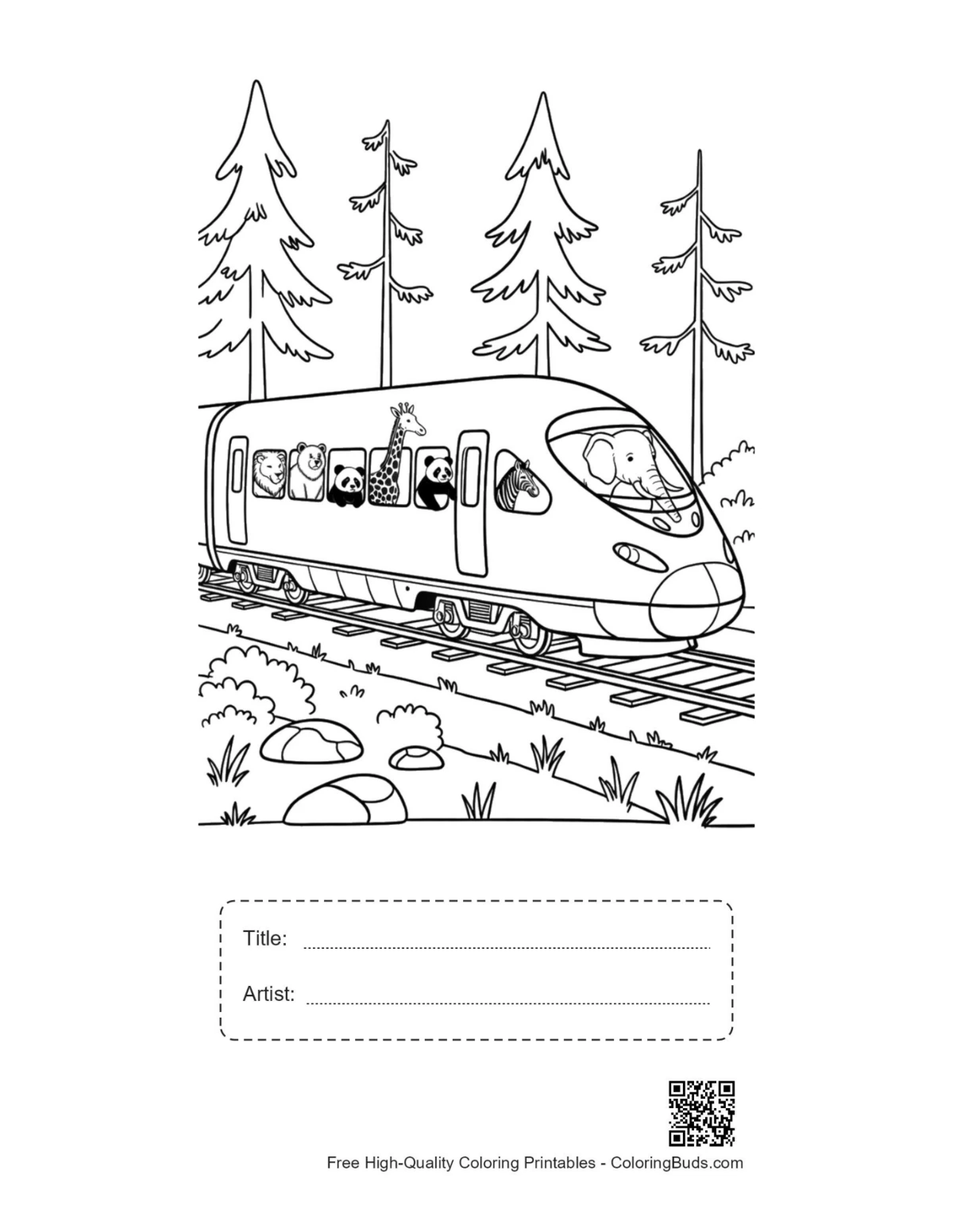 Safari bullet train coloring with title artist box