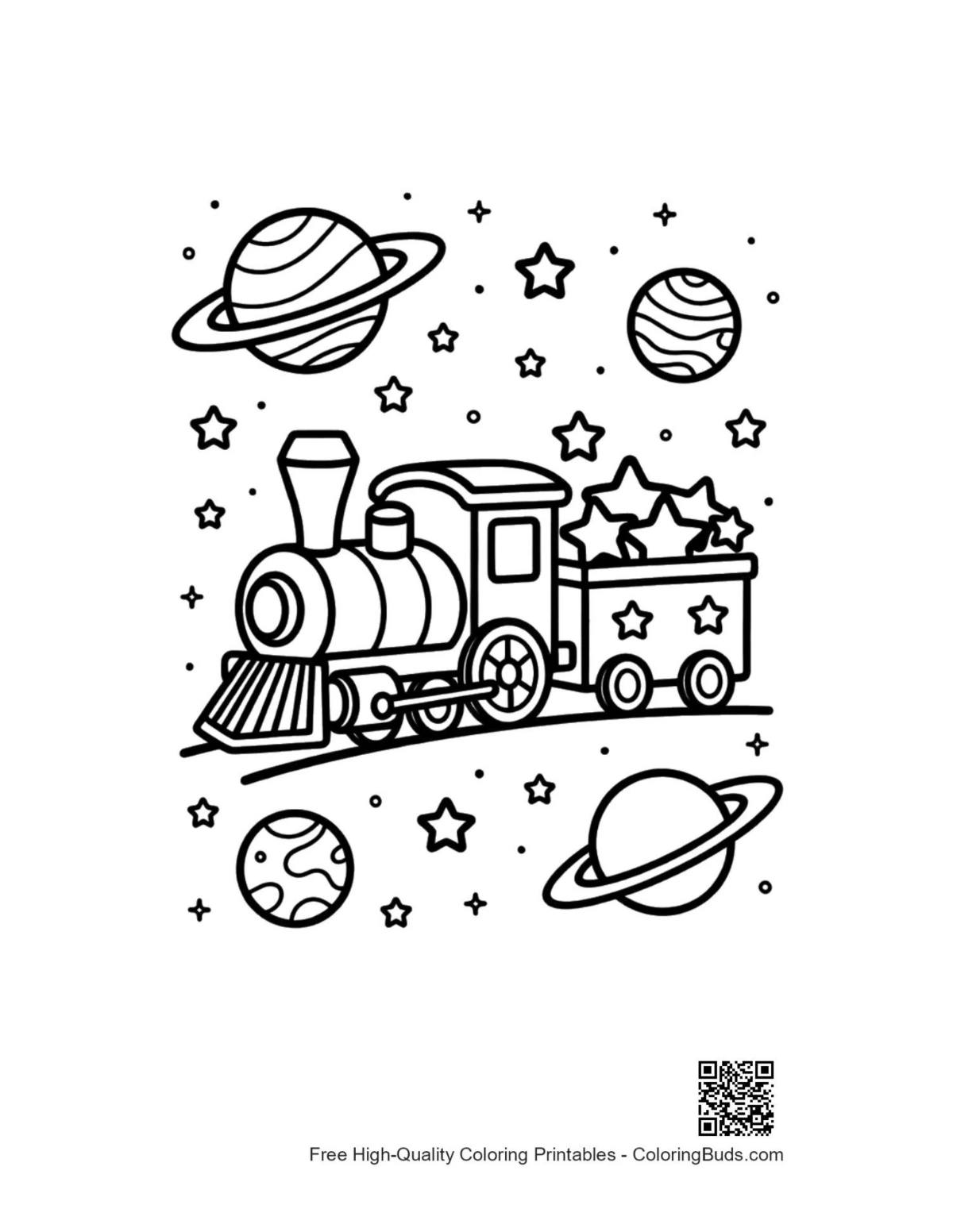 Steam engine journey outer space printable coloring page