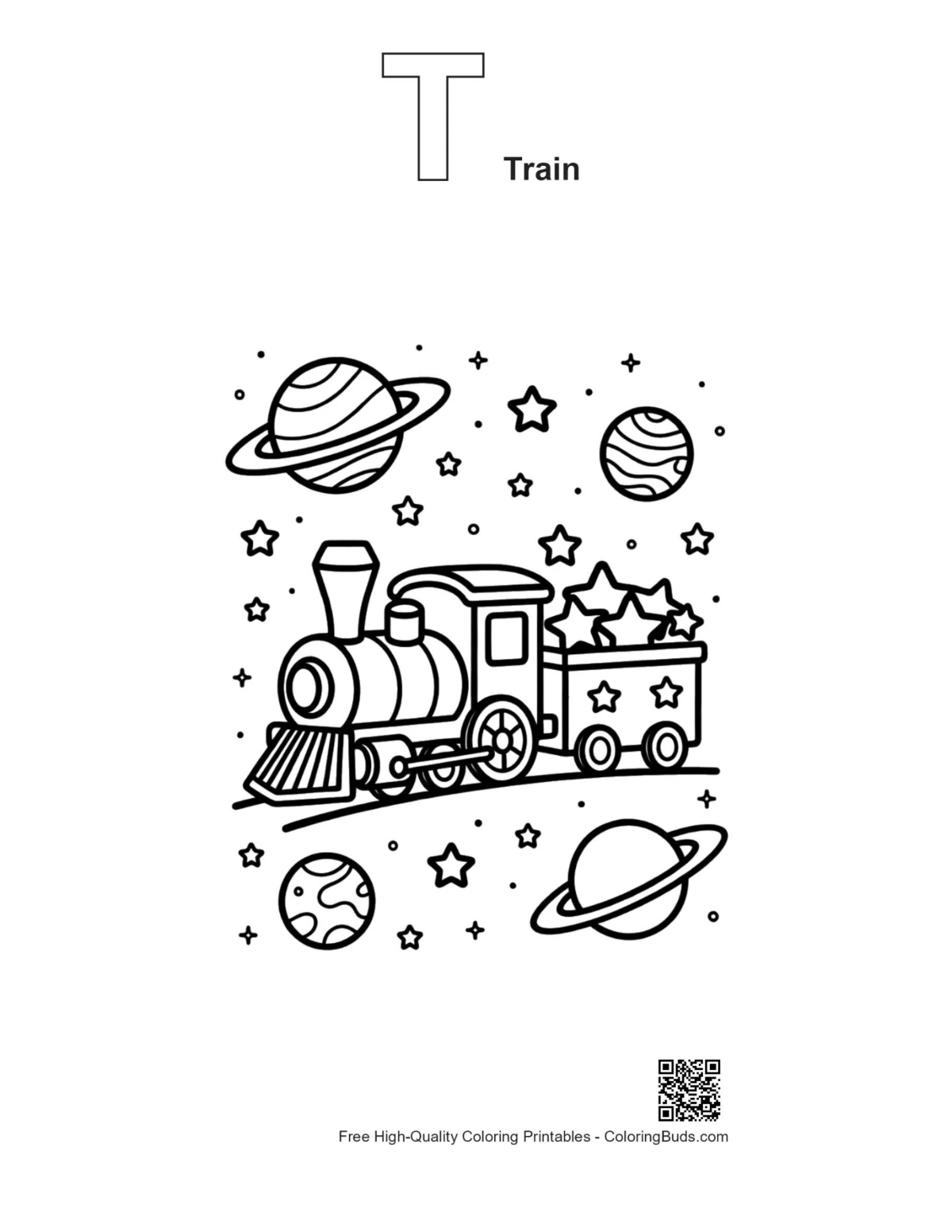 Steam engine space outline alphabet T train coloring