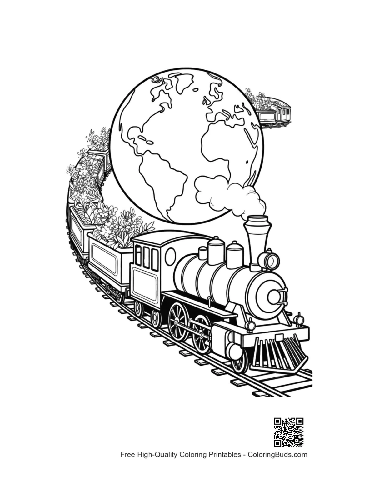 Steam engine tracks around world globe printable