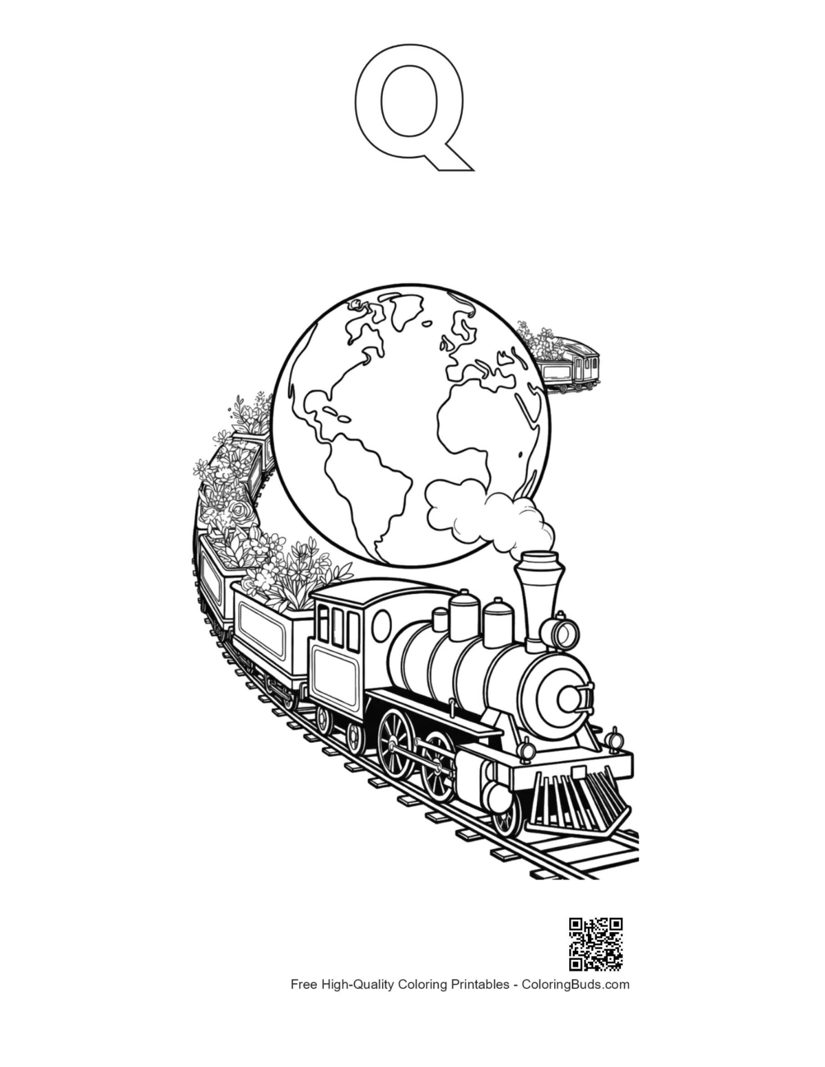Steam engine globe outline with letter Q