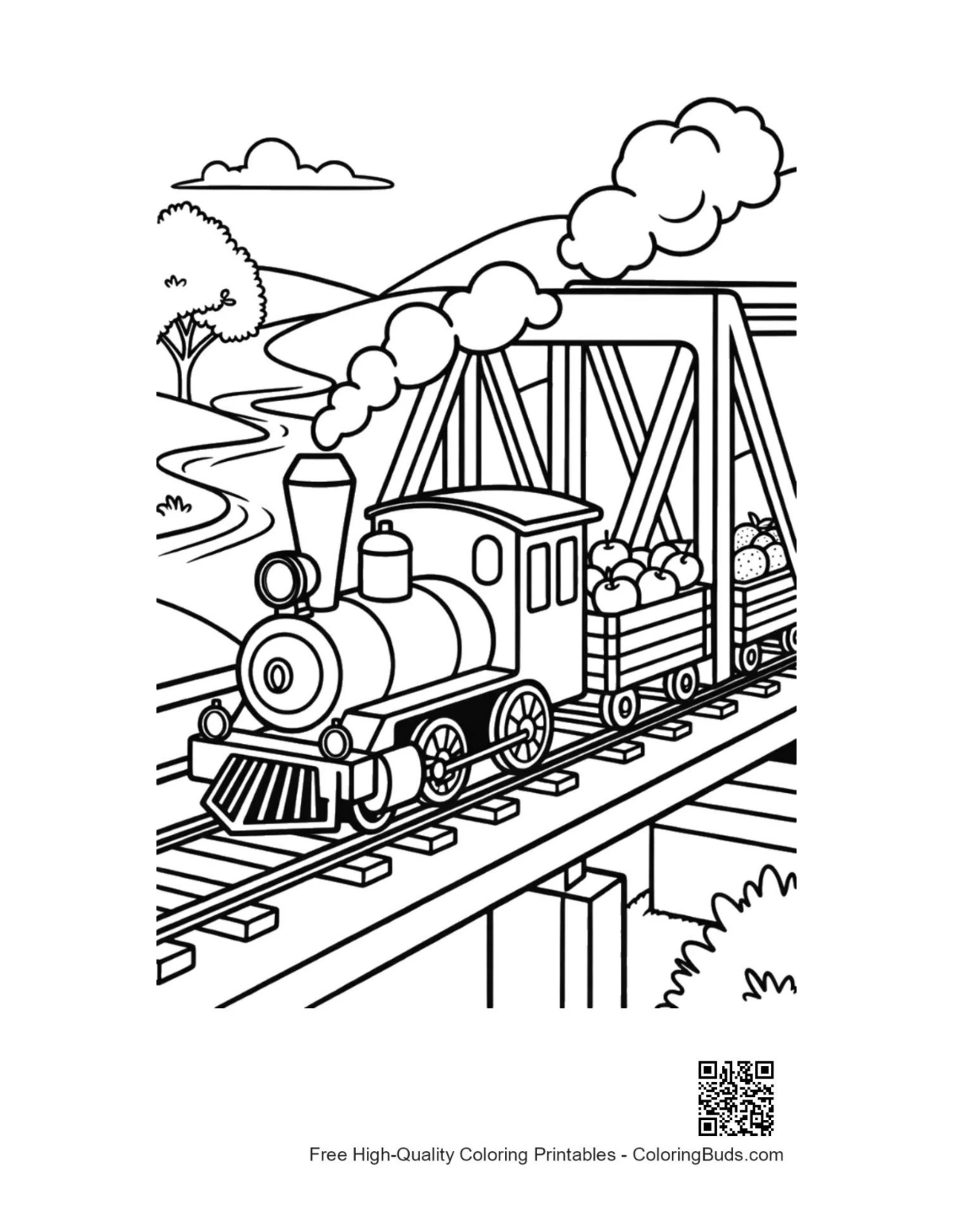 Steam engine puffing smoke over scenic valley bridge printable