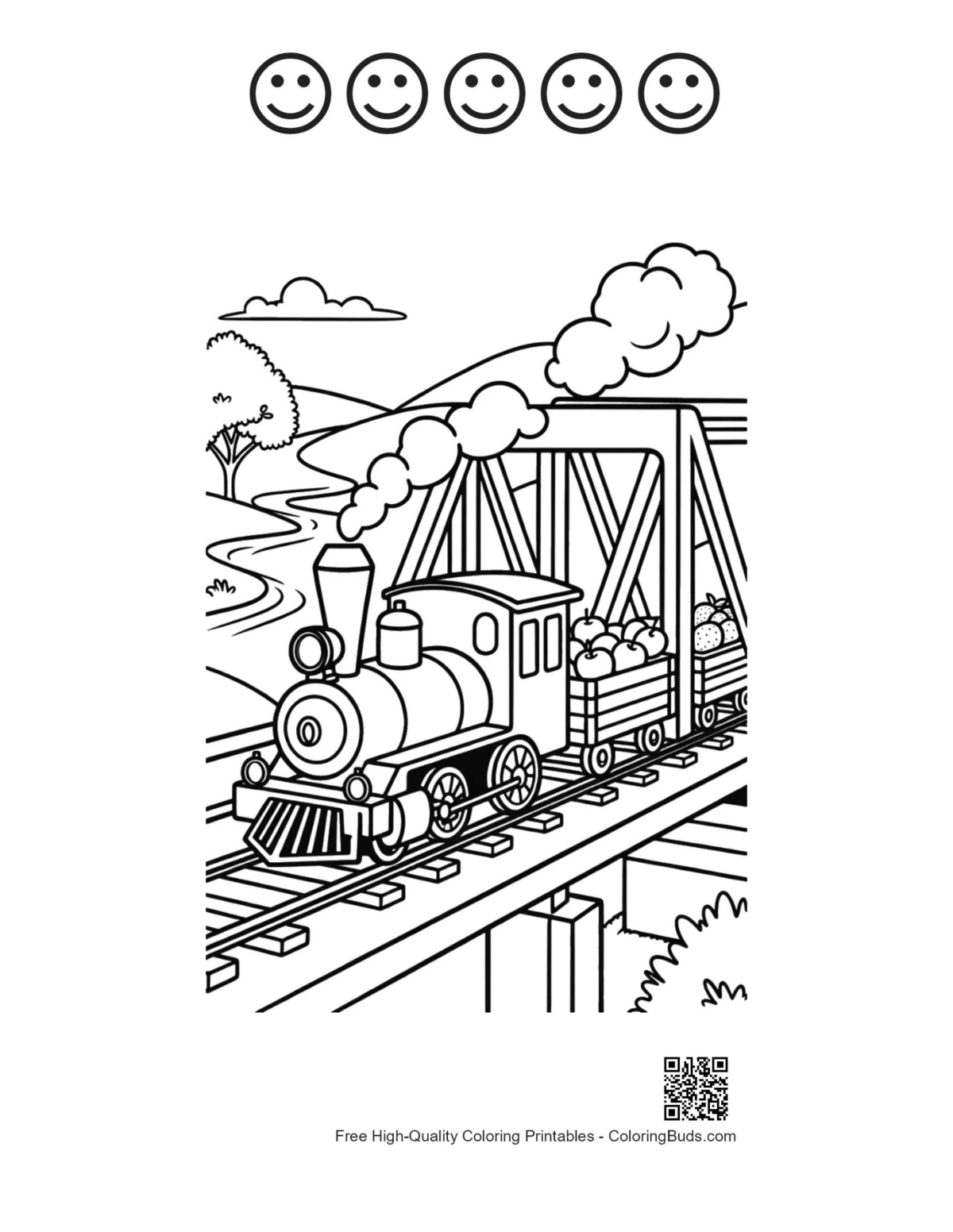 Steam engine printable 5 happy faces outlines bridge scene