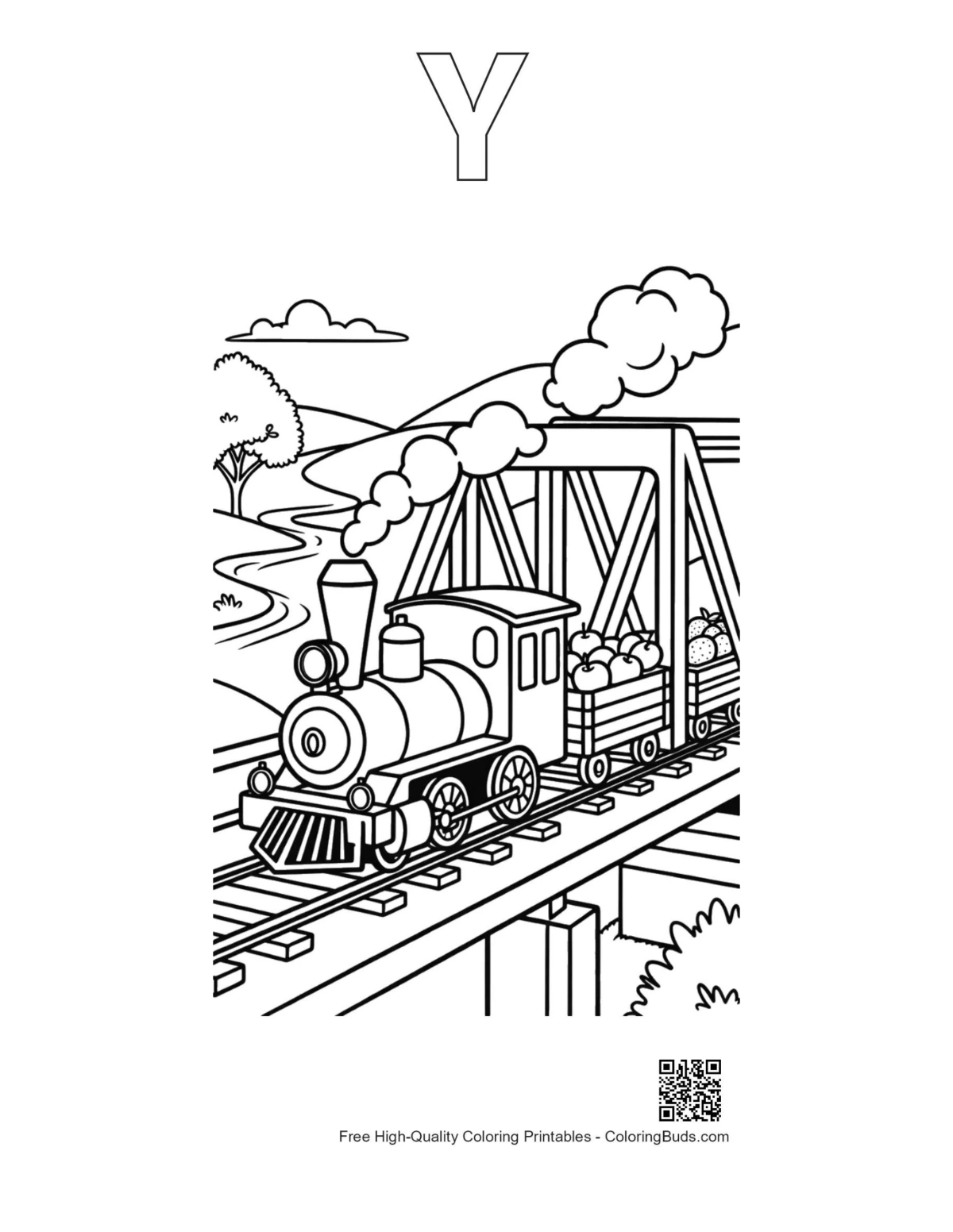 Steam engine valley bridge printable with alphabet Y outline