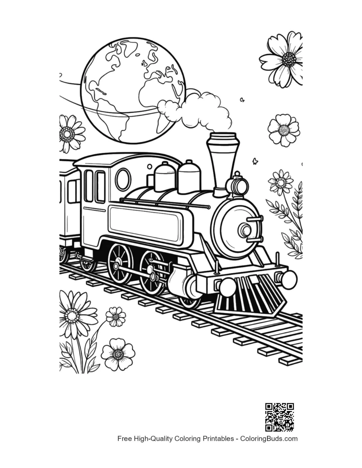 Steam engine on floral world map printable coloring page