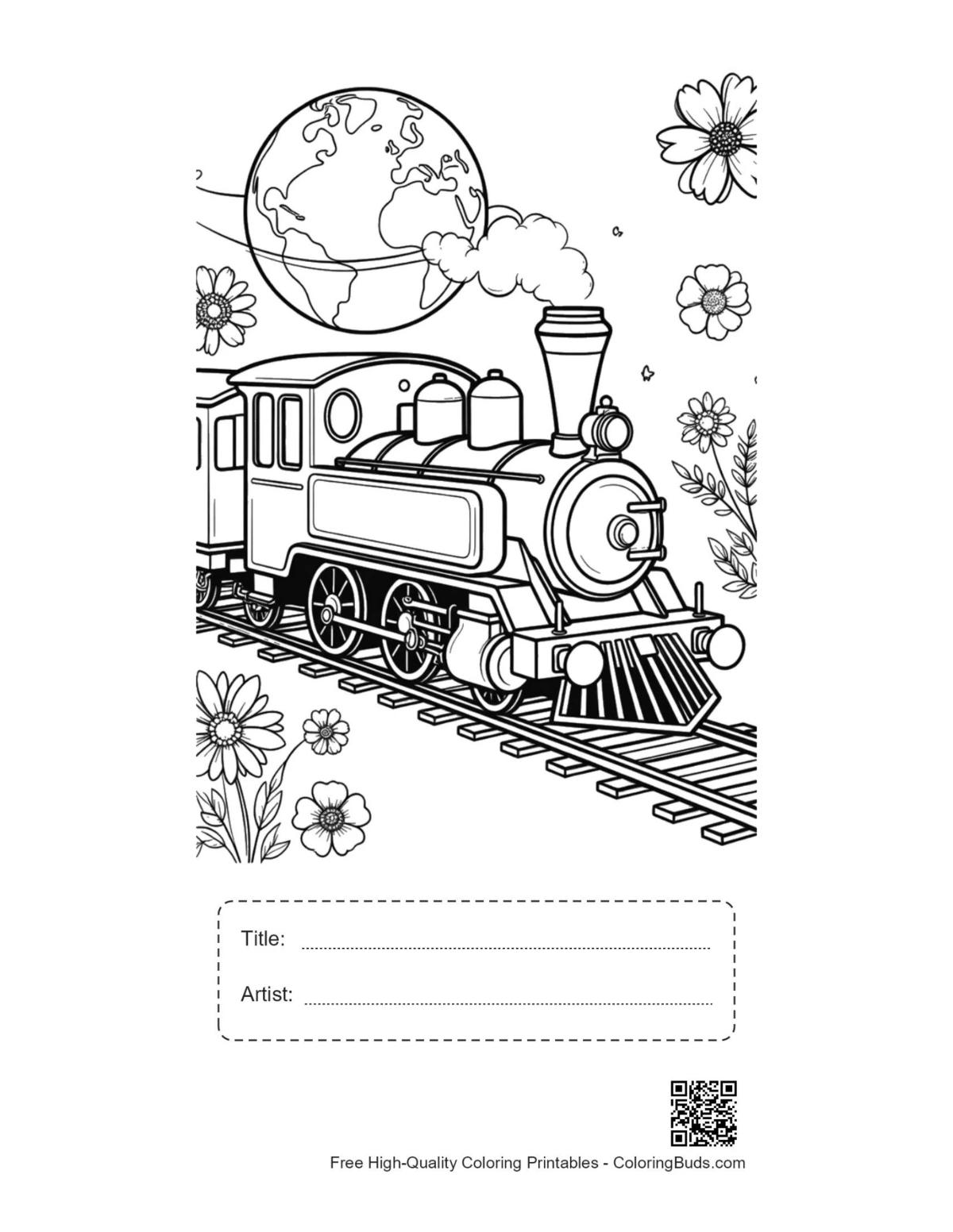 Steam engine floral map printable with title artist box