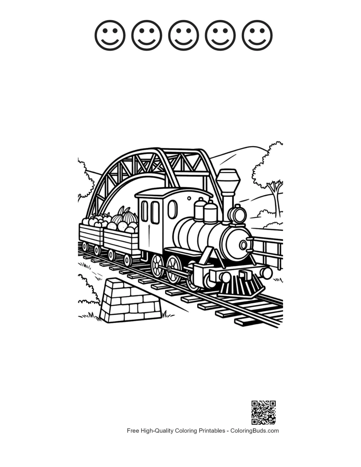 Steam locomotive bridge with 5 happy face outlines printable