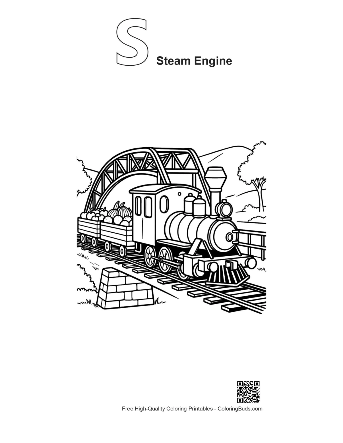 Steam locomotive bridge outline with alphabet S steam engine