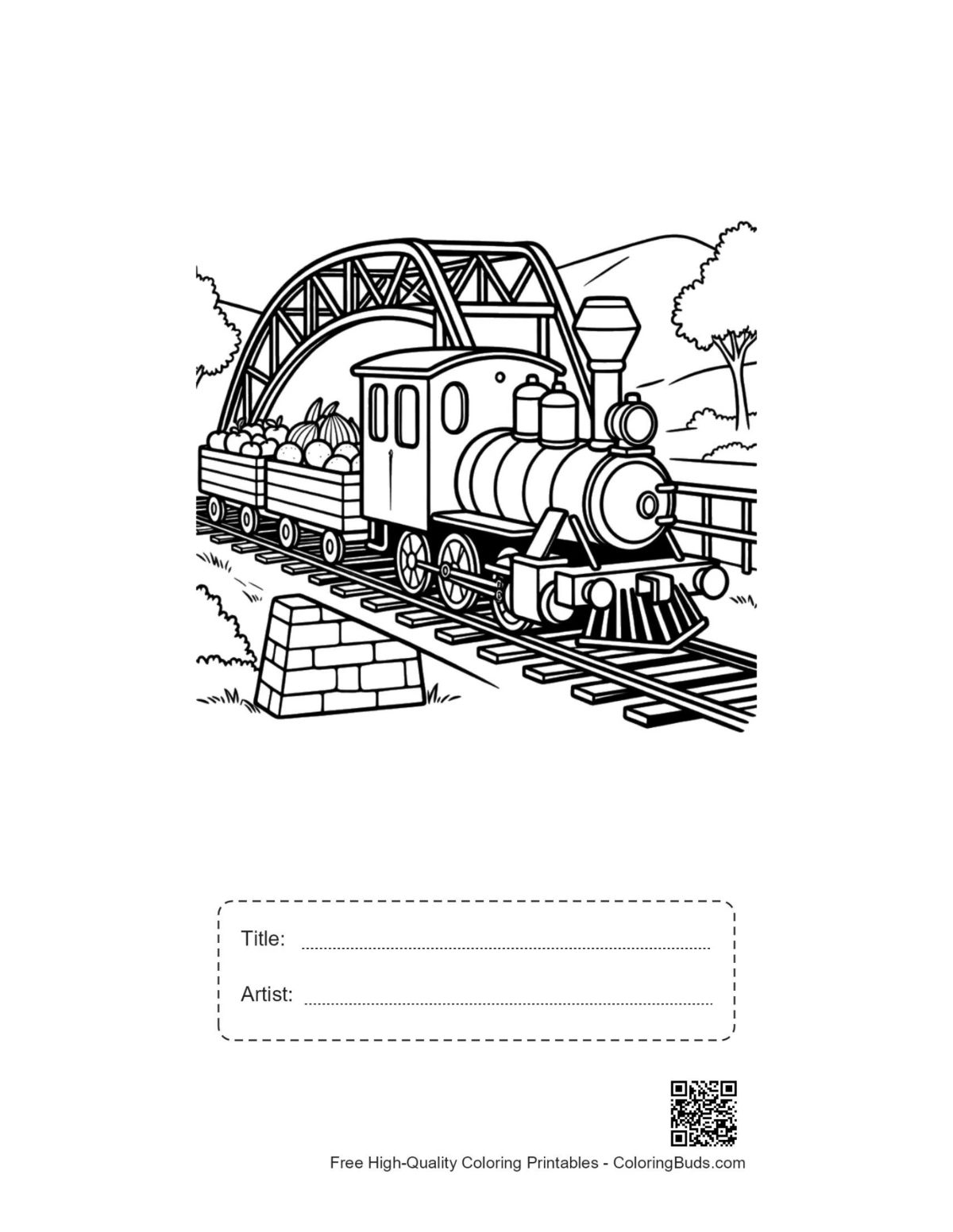 Steam locomotive bridge printable with title artist box