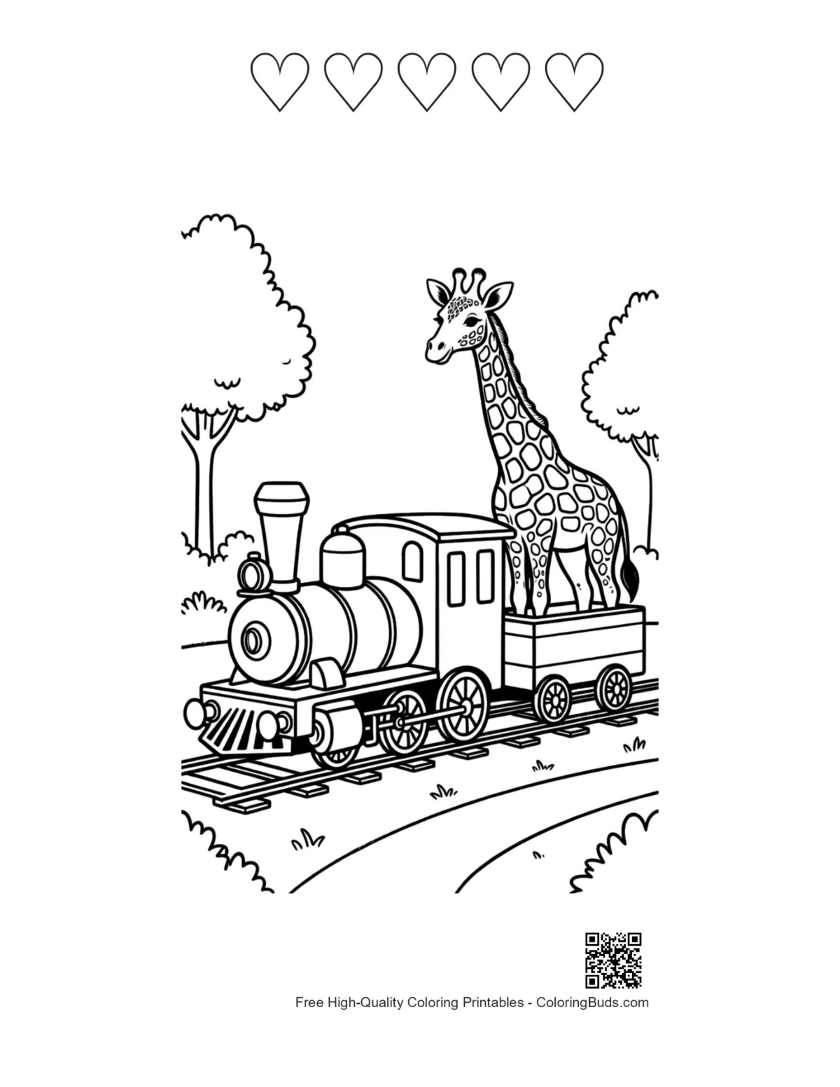 Giraffe steam train with 5-heart outlines