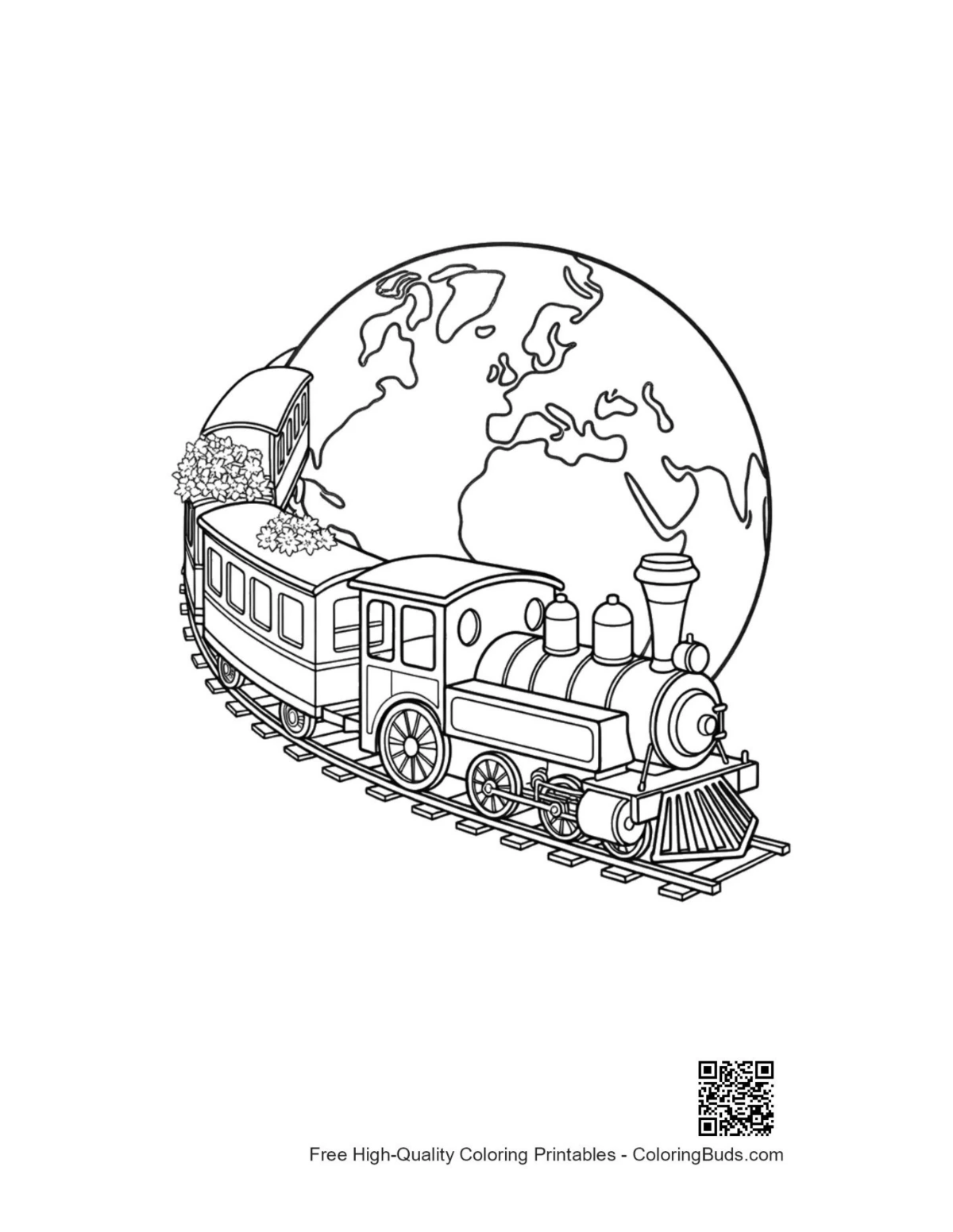 Steam train circling globe with clouds printable coloring page