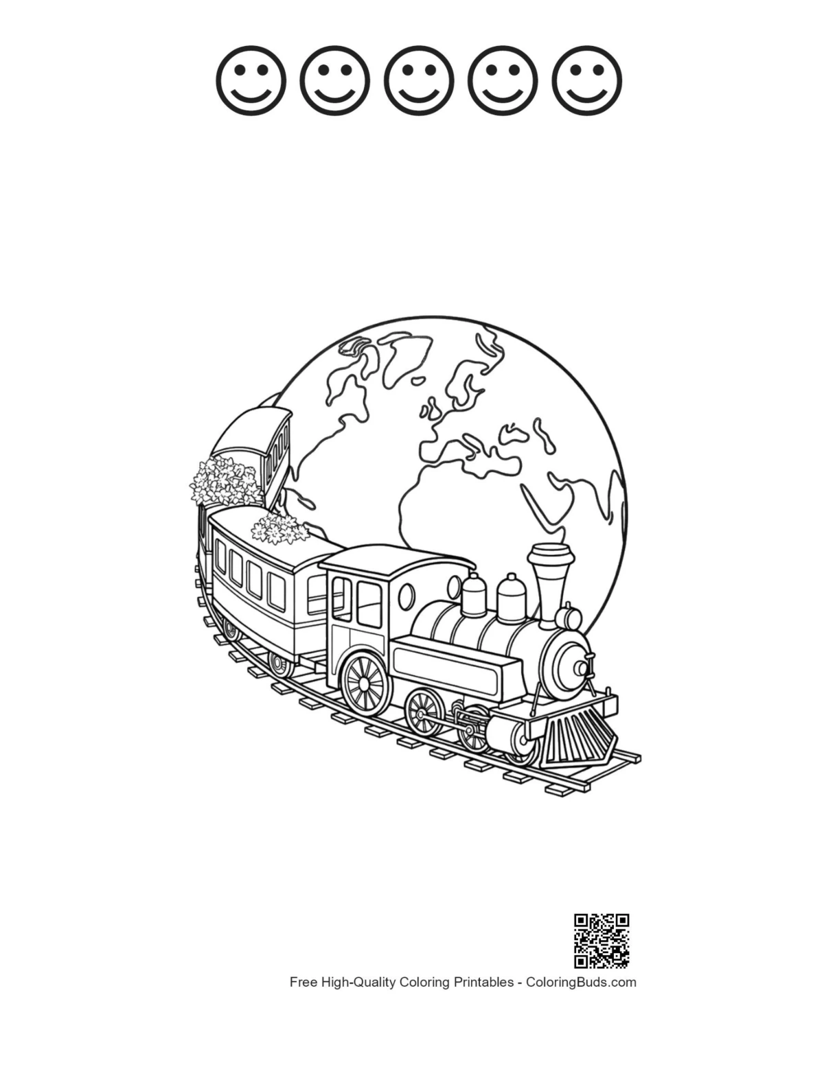 Steam train globe clouds with 5 happy face outlines printable