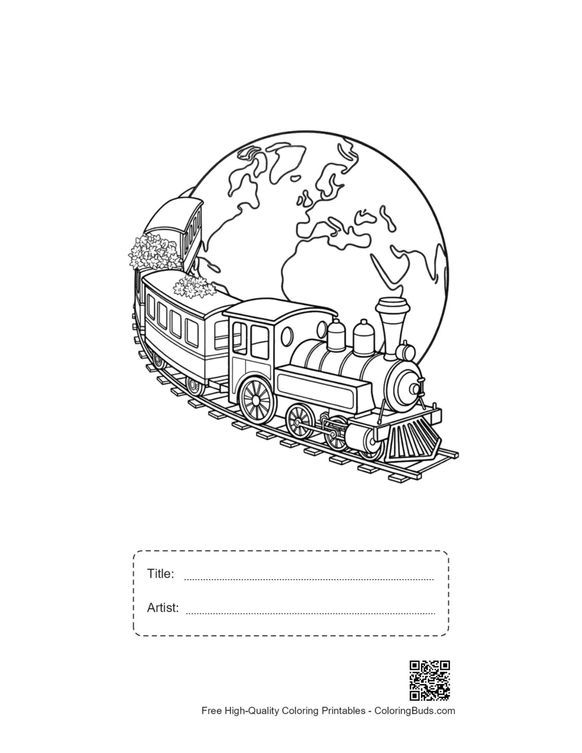 Steam train globe printable with title artist box coloring page