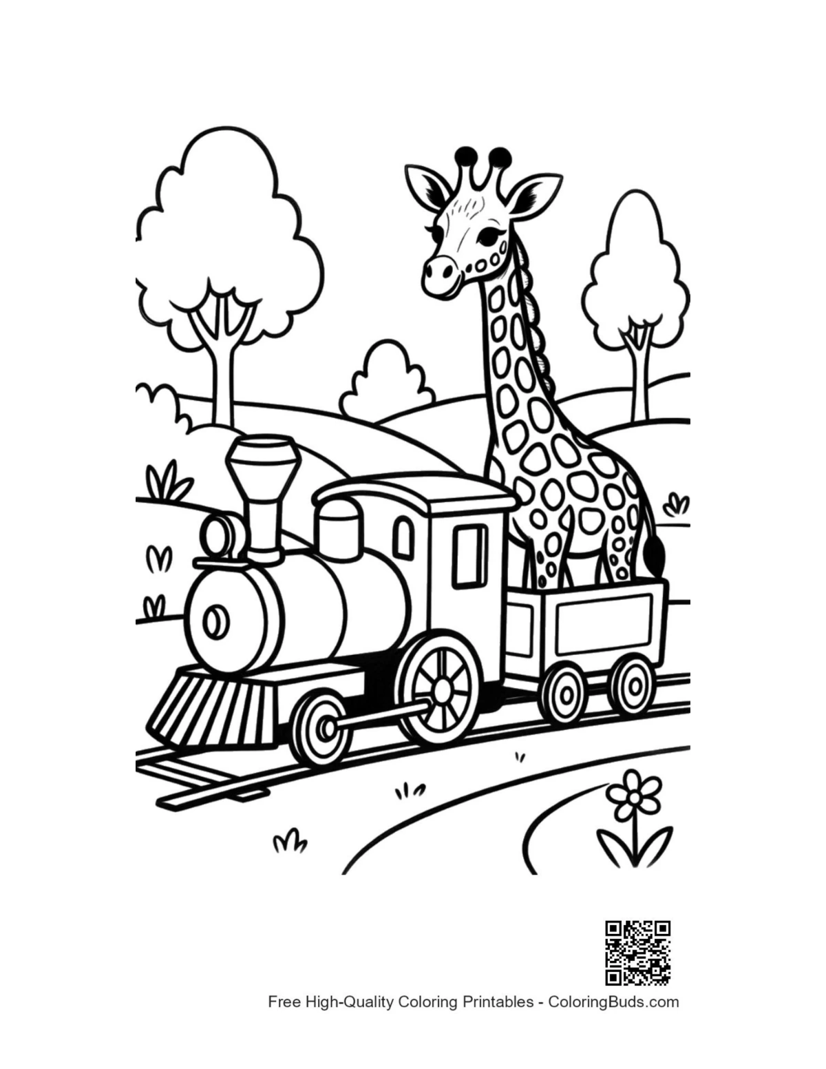Giraffe on puffing steam locomotive printable