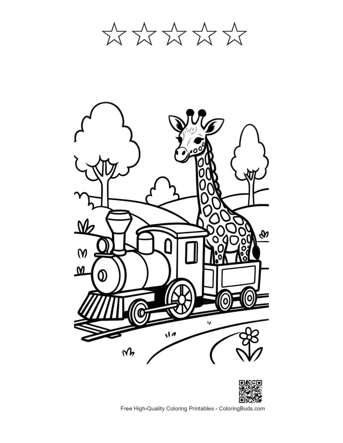 Giraffe train with 5 stars outline printable