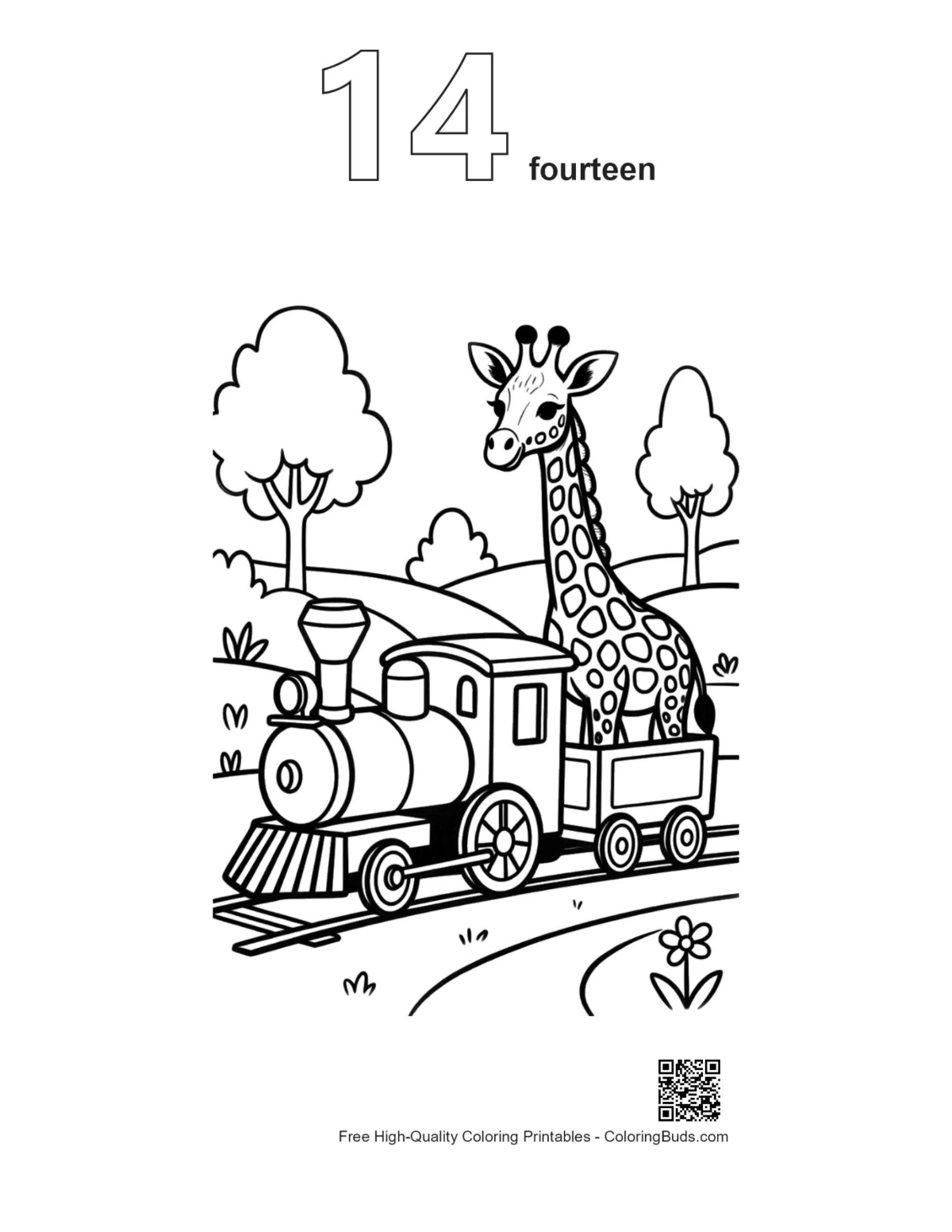 Number 14 giraffe steam train outline printable