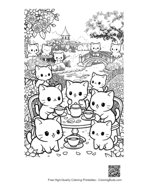 chibi macskák elegáns kültéri teadélután színezés nyomat