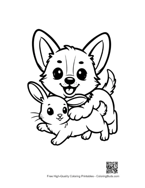 Desenho fofo de um corgi abraçando um coelhinho para imprimir