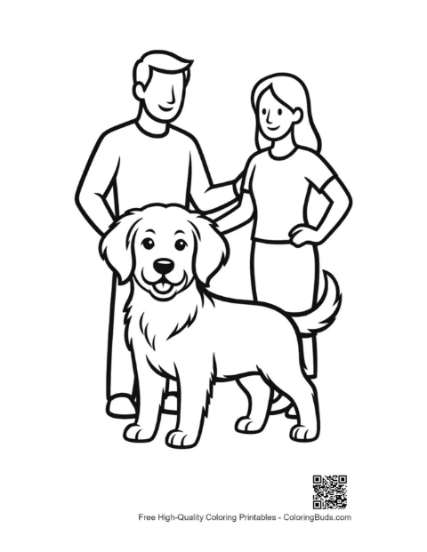 Illustrazione di una famiglia felice con un cane Golden Retriever.