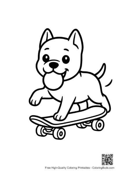 可爱斗牛犬小狗滑板卡通涂色页