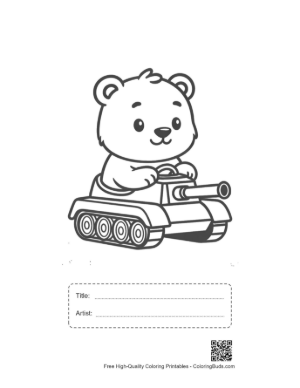 Thumbnail: Adorable Bear Cub Playing with a Mini Tank in the Forest Printable with Title and Artist Box