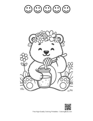 Thumbnail: Baby Grizzly Bear with a Flower Crown Enjoying Honey Printable and 5 Happy Face Outline