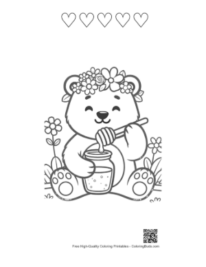 Thumbnail: Baby Grizzly Bear with a Flower Crown Enjoying Honey Printable and 5 Heart Outline