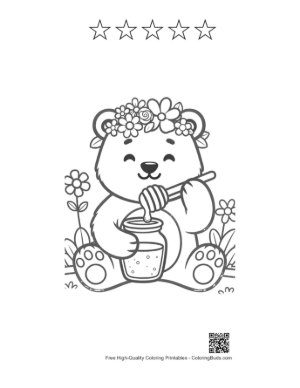 Thumbnail: Baby Grizzly Bear with a Flower Crown Enjoying Honey Printable and 5 Star Outline