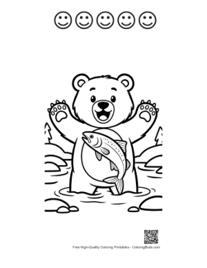 Thumbnail: Excited Grizzly Bear Splashing in Water with a Fish Printable and 5 Happy Face Outline