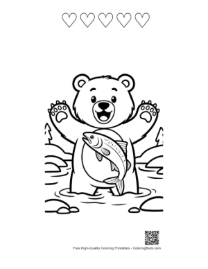 Thumbnail: Excited Grizzly Bear Splashing in Water with a Fish Printable and 5 Heart Outline