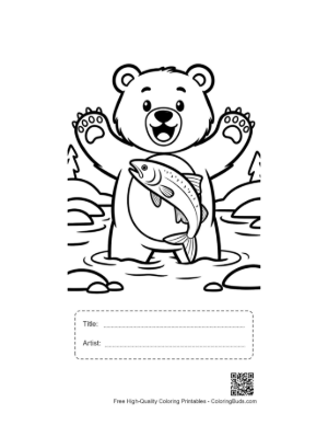 Thumbnail: Excited Grizzly Bear Splashing in Water with a Fish Printable with Title and Artist Box