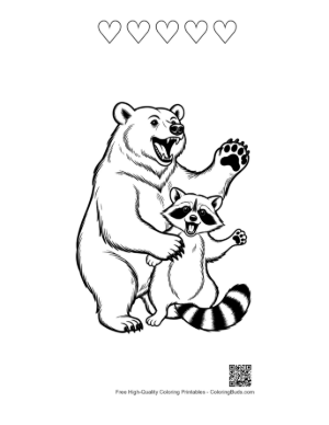 Thumbnail: Grizzly Bear Roaring with Playful Raccoon Printable and 5 Heart Outline