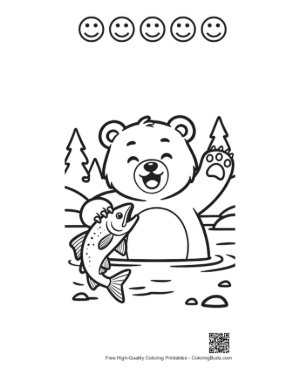 Thumbnail: Happy Bear Cub Playing in the River with a Fresh Catch Printable and 5 Happy Face Outline