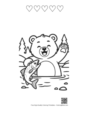 Thumbnail: Happy Bear Cub Playing in the River with a Fresh Catch Printable and 5 Heart Outline