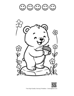 Thumbnail: Happy Grizzly Bear Enjoying a Forest Snack Coloring Page Printable and 5 Happy Face Outline