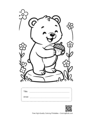Thumbnail: Happy Grizzly Bear Enjoying a Forest Snack Coloring Page Printable with Title and Artist Box