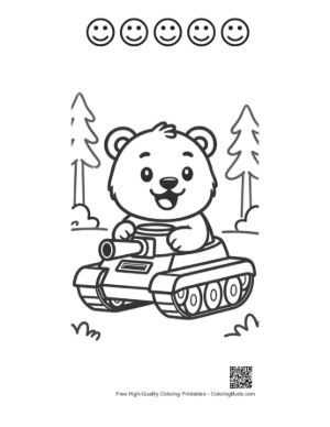 Thumbnail: Little Grizzly Bear Sitting on a Military Tank Illustration Printable and 5 Happy Face Outline