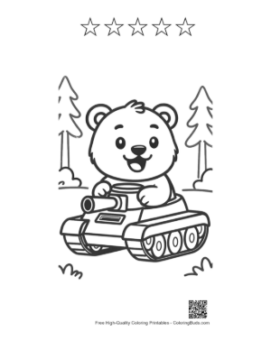 Thumbnail: Little Grizzly Bear Sitting on a Military Tank Illustration Printable and 5 Star Outline