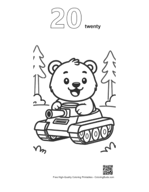 Thumbnail: Little Grizzly Bear Sitting on a Military Tank Illustration Printable Outline Number 20